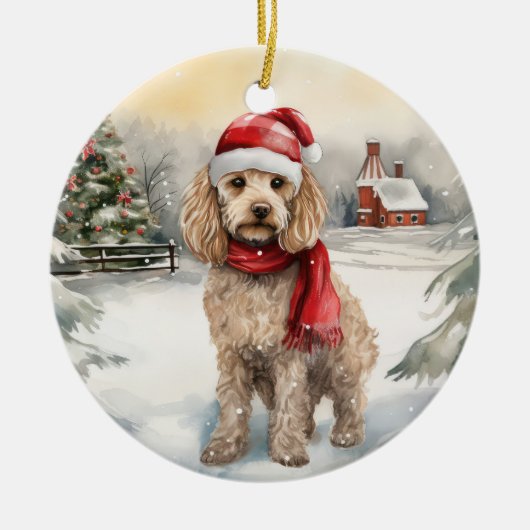 Cockapoo Hond in Sneeuw Kerstmis Keramisch Ornament (Voorkant)