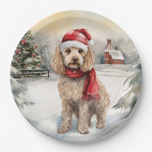 Cockapoo Hond in Sneeuw Kerstmis Papieren Bordje (Voorkant)