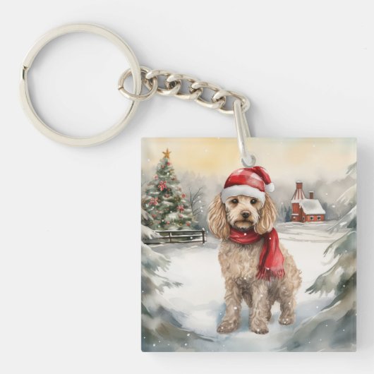 Cockapoo Hond in Sneeuw Kerstmis Sleutelhanger (Voorkant)