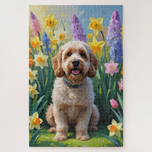 Cockapoo-hond lente bloemen schilderij legpuzzel (Verticaal)