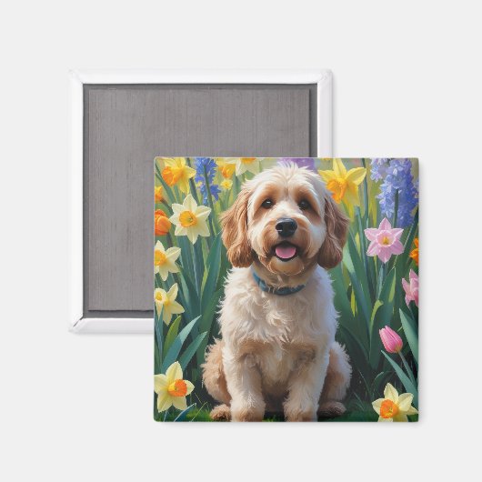 Cockapoo-hond lente bloemen schilderij magneet (Voorkant / Achterkant)