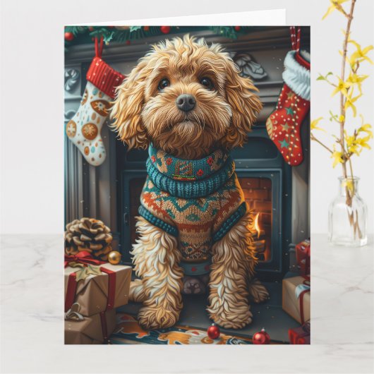 Cockapoo-hond met kerstcadeaus bij de open haard kaart (Gele Bloem)
