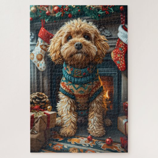 Cockapoo-hond met kerstcadeaus bij de open haard legpuzzel (Verticaal)