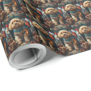 Cockapoo hond met kerstcadeaus open haard cadeaupapier