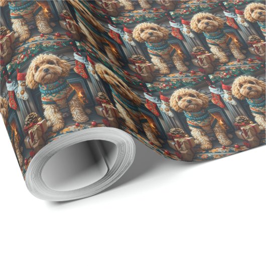 Cockapoo hond met kerstcadeaus open haard cadeaupapier (Rol Hoek)