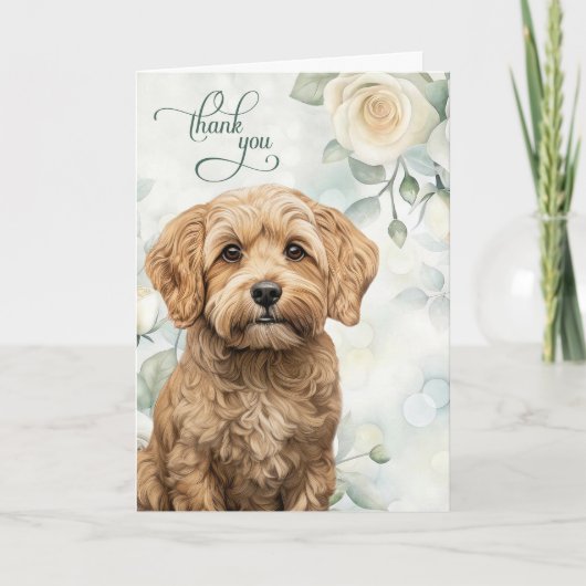 Cockapoo-hond met witte rozen en saliegroen bedankkaart (Voorkant)