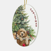 Cockapoo hond rieten mand kerst keramisch ornament (Links)
