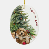 Cockapoo hond rieten mand kerst keramisch ornament (Voorkant)
