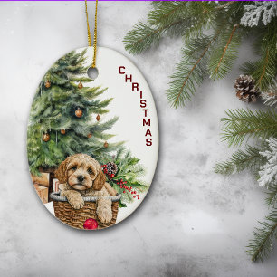 Cockapoo hond rieten mand kerst keramisch ornament