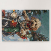 Cockapoo-hond rijdt op motorfiets met Kerstmis Legpuzzel (Horizontaal)