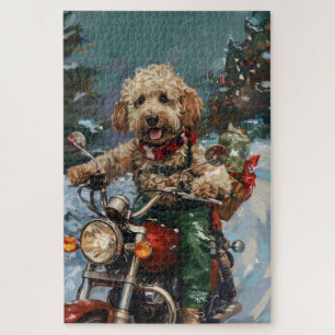 Cockapoo-hond rijdt op motorfiets met Kerstmis Legpuzzel