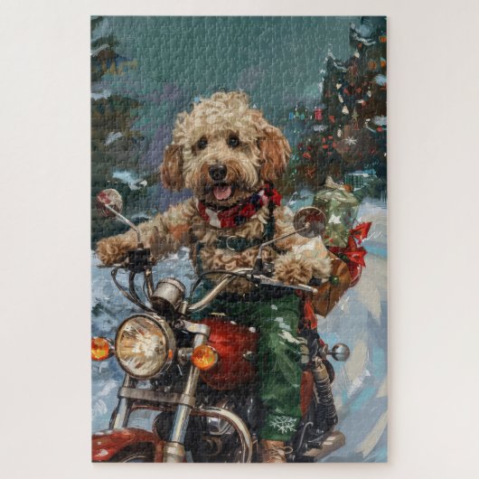 Cockapoo-hond rijdt op motorfiets met Kerstmis Legpuzzel (Verticaal)