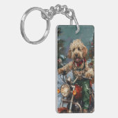 Cockapoo-hond rijdt op motorfiets met Kerstmis Sleutelhanger (Voorkant Links)