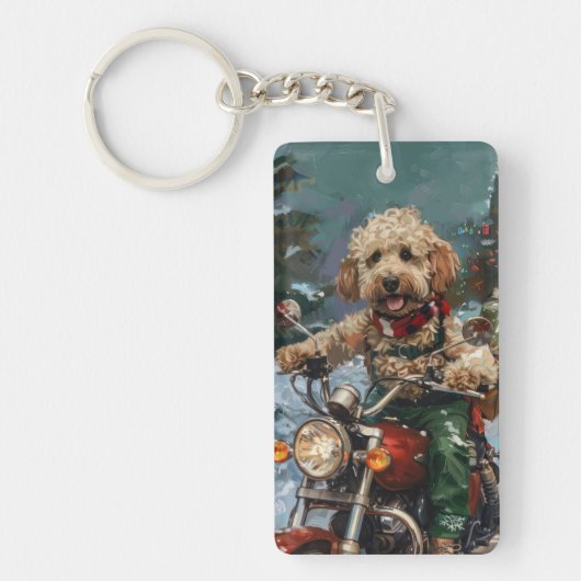 Cockapoo-hond rijdt op motorfiets met Kerstmis Sleutelhanger (Voorkant)