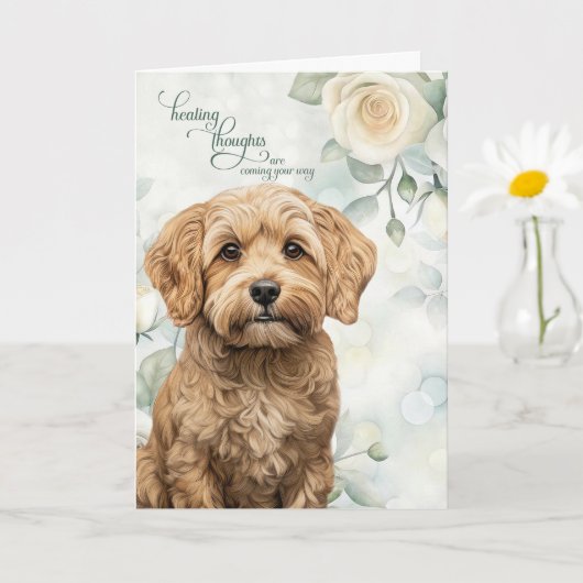 Cockapoo-hond Witte Rozen en Saliegroen Beterschap Kaart (Kleine Plant)