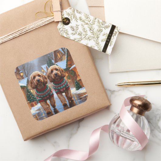 Cockapoo Honden Kerst Sneeuw Feestdagen Vierkante Sticker (Geschenken)