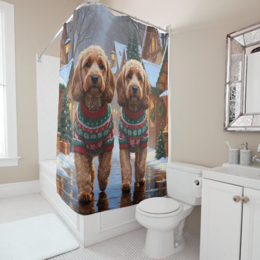 Cockapoo Honden Kerst Sneeuw Vakantie Douchegordijn (In situ)