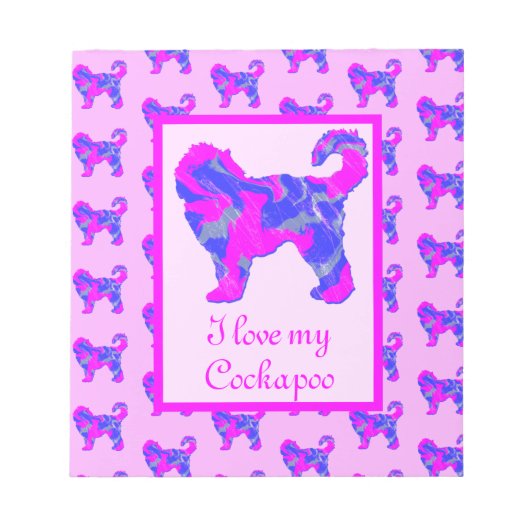 Cockapoo Hondenliefhebber Roze & Blue Silhouette Notitieblok (Voorkant)