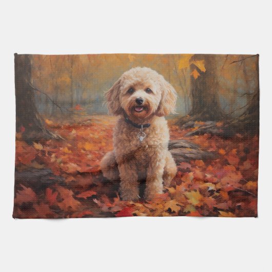 Cockapoo in de herfst laat Herfst inspireren Theedoek (Horizontaal)