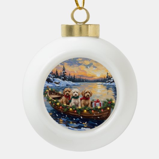 Cockapoo Kerstboot Vakantie Keramische Bal Ornament (Voorkant)