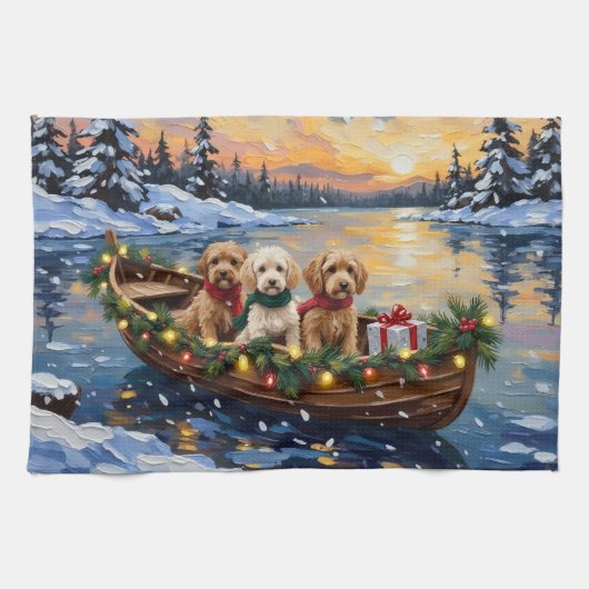 Cockapoo Kerstboot Vakantie Theedoek (Horizontaal)