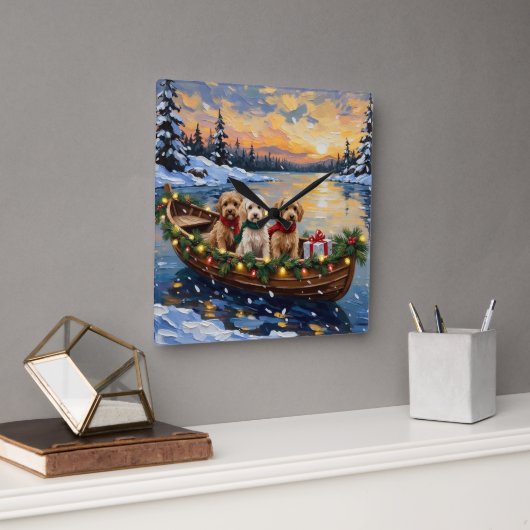 Cockapoo Kerstboot Vakantie Vierkante Klok (Kantoor)