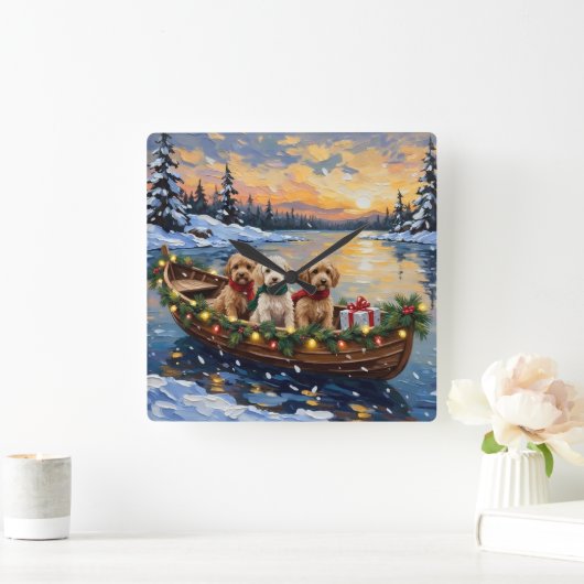 Cockapoo Kerstboot Vakantie Vierkante Klok (Huis)