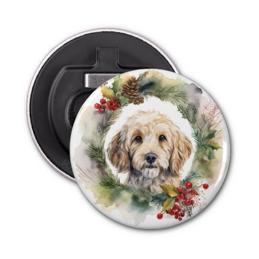Cockapoo Kerstkrans feestelijke pup Button Flesopener (Voorkant)