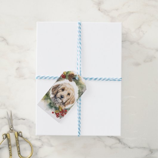 Cockapoo Kerstkrans feestelijke pup Cadeaulabel (Met Touw)