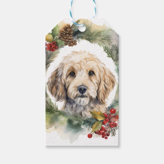 Cockapoo Kerstkrans feestelijke pup Cadeaulabel (Voorkant)