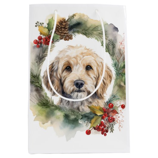 Cockapoo Kerstkrans feestelijke pup Medium Cadeauzakje (Voorkant)