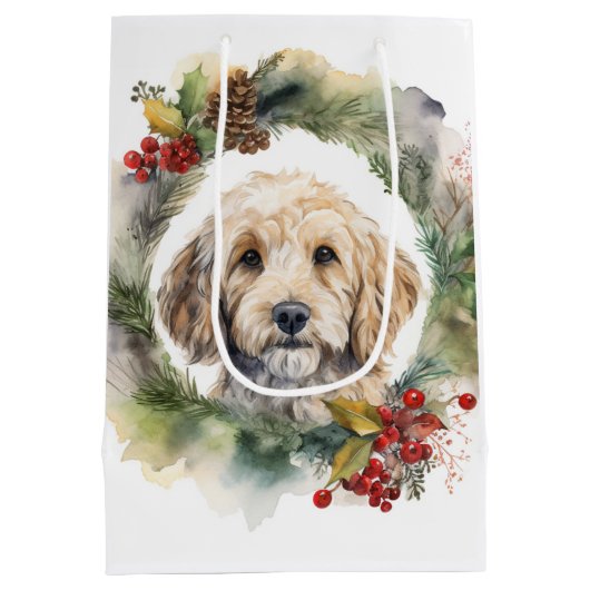 Cockapoo Kerstkrans feestelijke pup Medium Cadeauzakje (Achterkant)