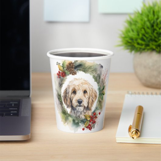 Cockapoo Kerstkrans feestelijke pup Papieren Bekers (Insitu)