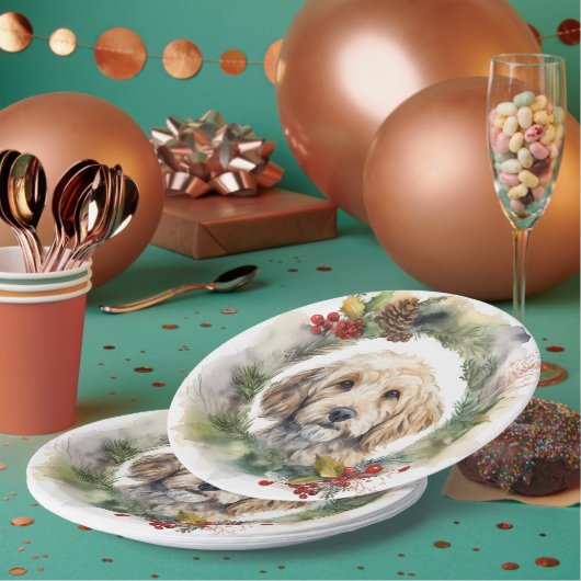 Cockapoo Kerstkrans feestelijke pup Papieren Bordje (Multi)