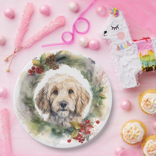 Cockapoo Kerstkrans feestelijke pup Papieren Bordje (Feest)