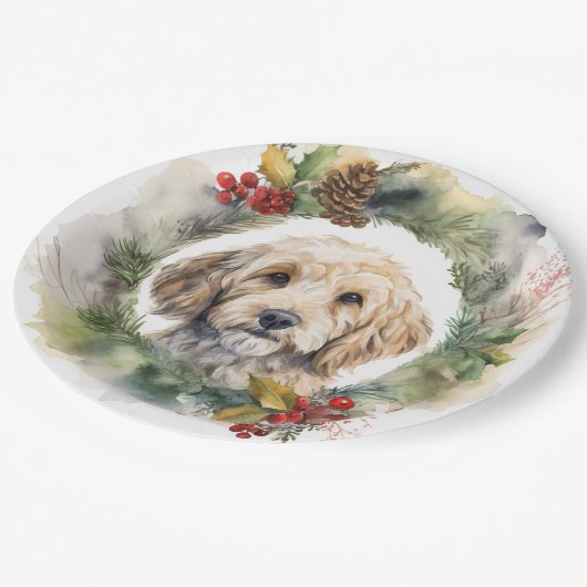 Cockapoo Kerstkrans feestelijke pup Papieren Bordje (Gekanteld)