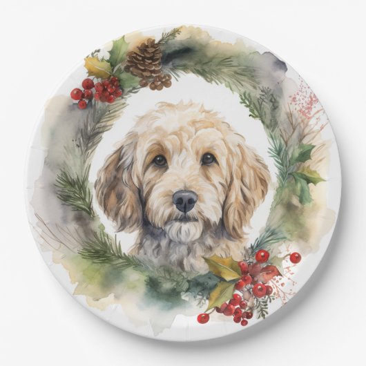 Cockapoo Kerstkrans feestelijke pup Papieren Bordje (Voorkant)