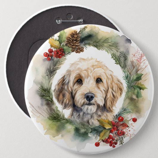 Cockapoo Kerstkrans feestelijke pup Ronde Button 6,0 Cm (Voorkant /achterkant)
