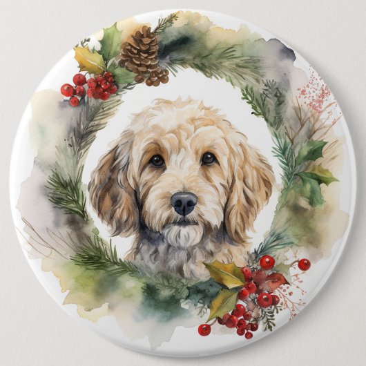 Cockapoo Kerstkrans feestelijke pup Ronde Button 6,0 Cm (Voorkant)