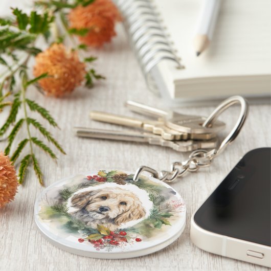 Cockapoo Kerstkrans feestelijke pup Sleutelhanger (Voorkant Rechts)