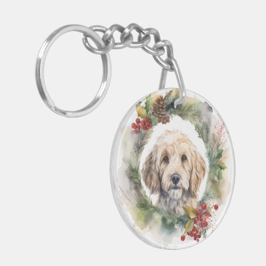 Cockapoo Kerstkrans feestelijke pup Sleutelhanger (Voorkant Links)