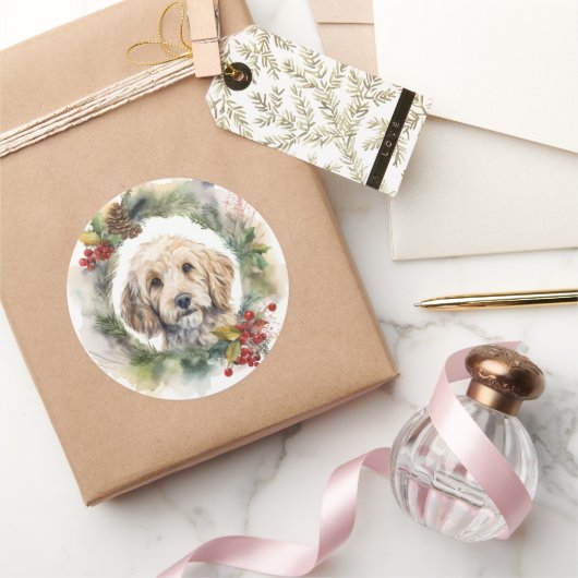 Cockapoo Kerstkrans Festieve Pup Ronde Sticker (Geschenken)