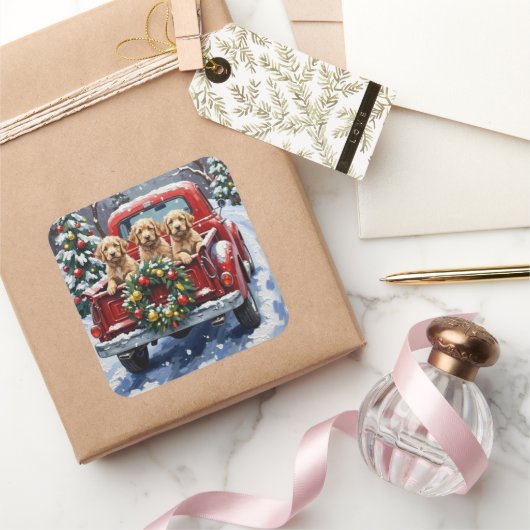 Cockapoo Kerstmis Rode Truck Vakantie Vierkante Sticker (Geschenken)