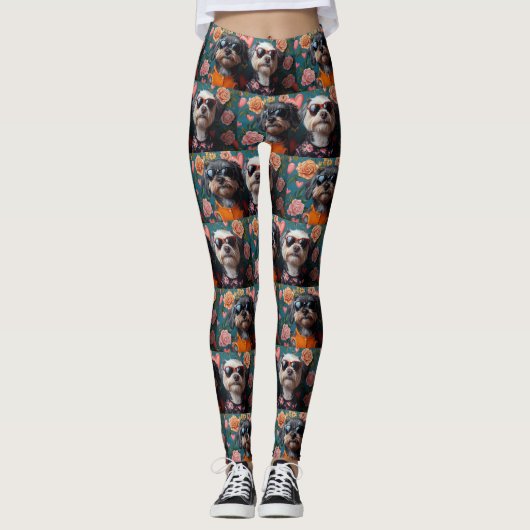 Cockapoo met hartrozen Valentijnsdag Leggings (Voorkant)