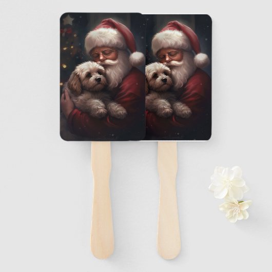 Cockapoo met Kerstman Festive Kerstmis Handwaaier (Voorkant en achterkant)