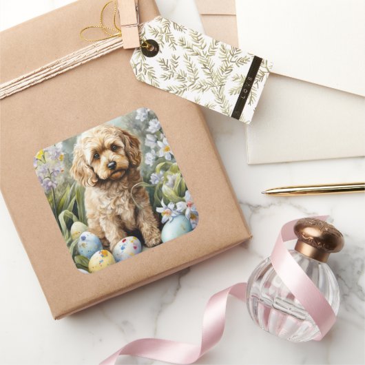 Cockapoo met Pasen Eieren Vakantie Vierkante Sticker (Geschenken)