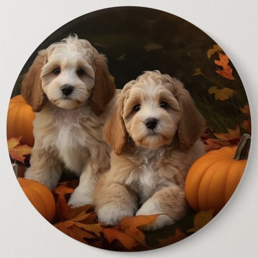 Cockapoo Pup Autumn Delight Pompoen Ronde Button 6,0 Cm (Voorkant)