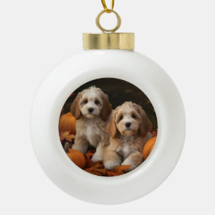 Cockapoo Puppy Herfst Delight Pompoen Keramische Bal Ornament