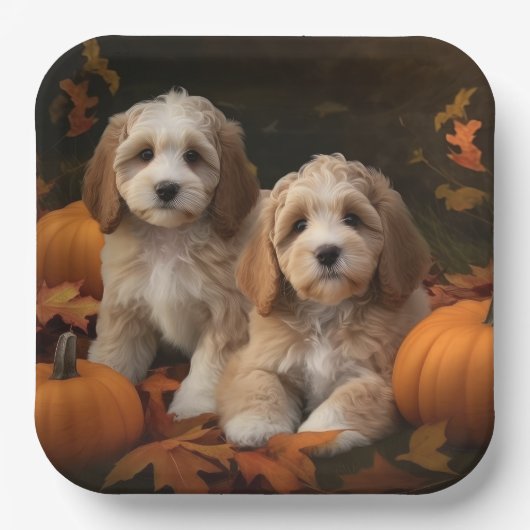Cockapoo Puppy Herfst Delight Pompoen Papieren Bordje (Voorkant)