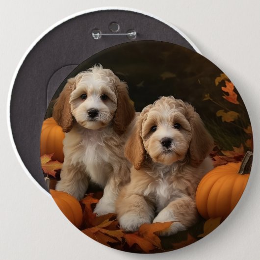 Cockapoo Puppy Herfst Delight Pompoen Ronde Button 6,0 Cm (Voorkant /achterkant)